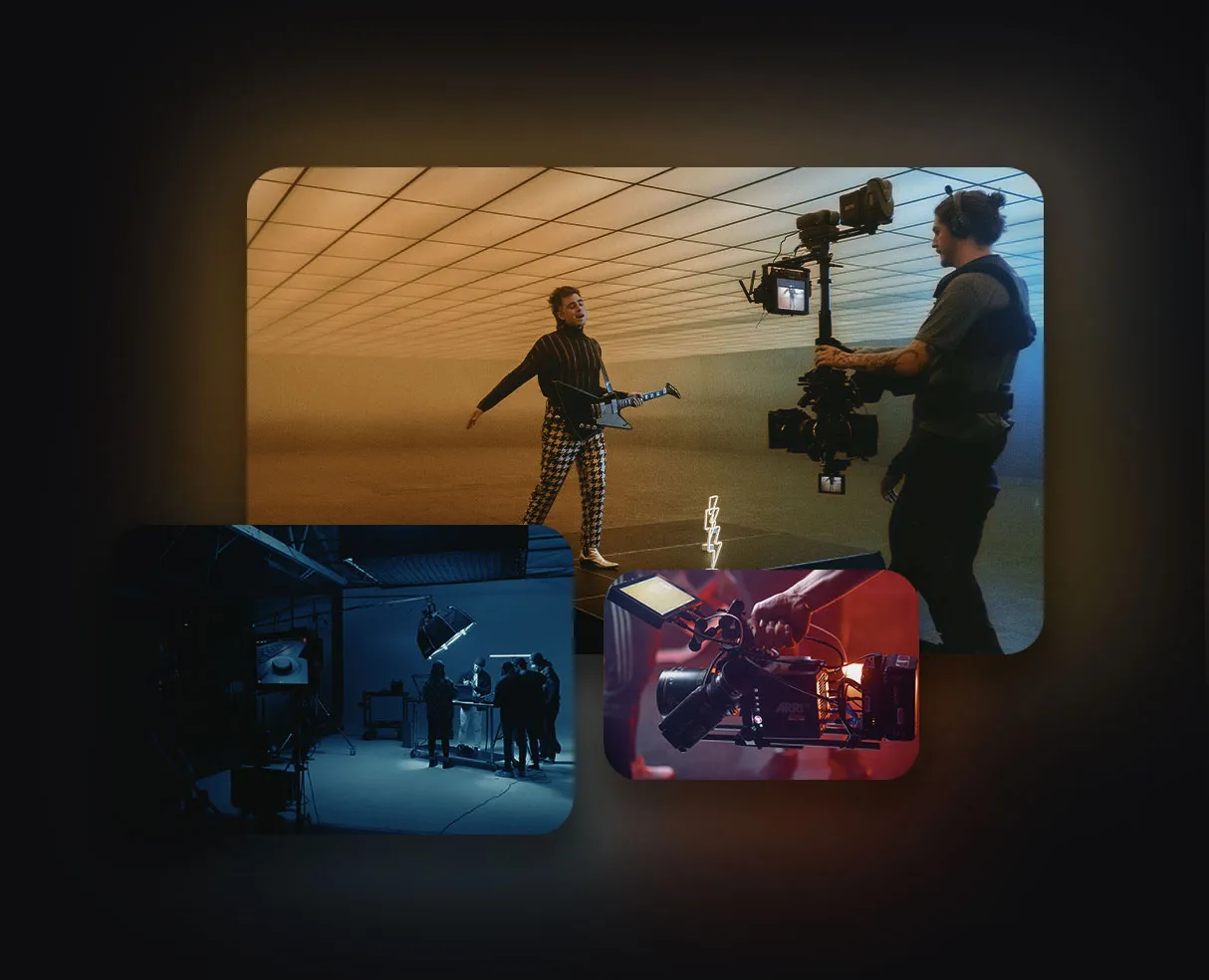 Cinematographers on set of digital cinema production with gear and on-set monitoring
