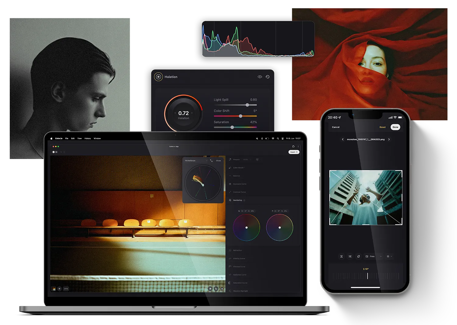 Color.io AI Image Editing app on desktop and mobile with RGB Histogram, Halation Effect, Vectorscope and color wheels